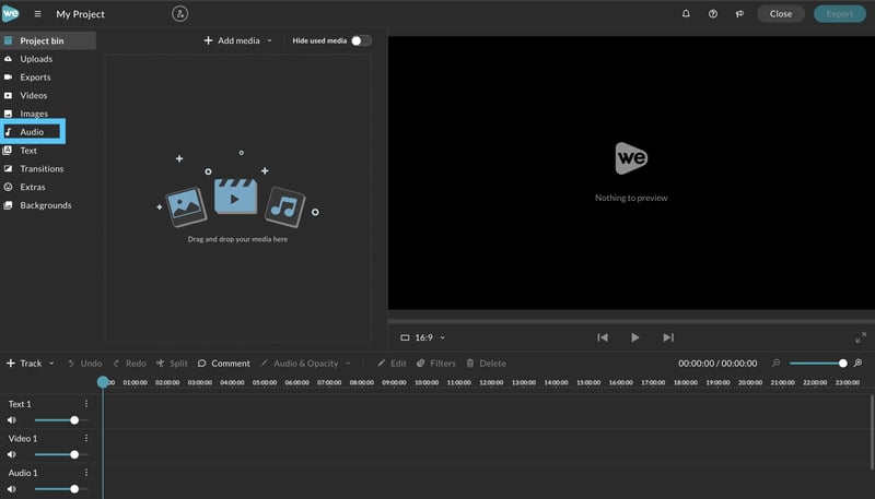 WeVideo editor showing where to select stock audio on lefthand menu