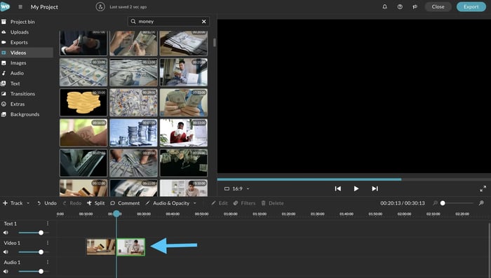 WeVideo editor showing how to combine videos with blue arrow pointing to a clip that turns green