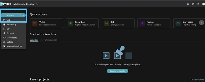 How to create a video in WeVideo editor with blue rectangle surrounding the "Create" button