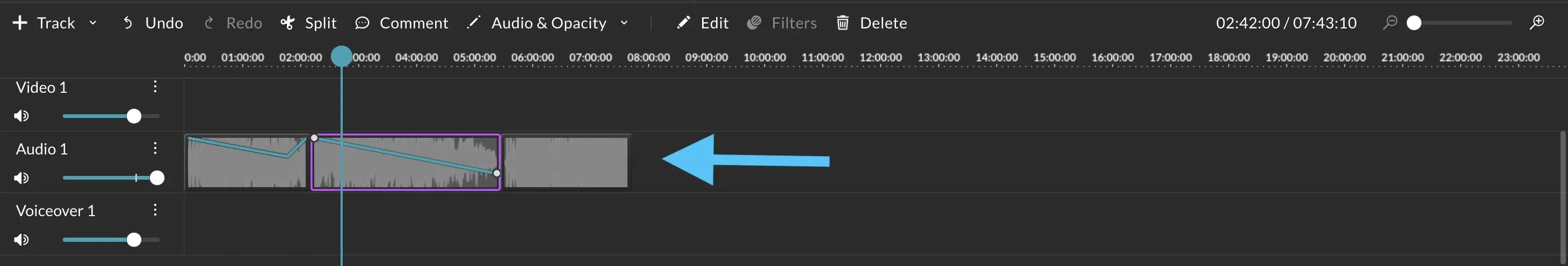 Customize audio levels of clips by dragging blue line in WeVideo editor across them