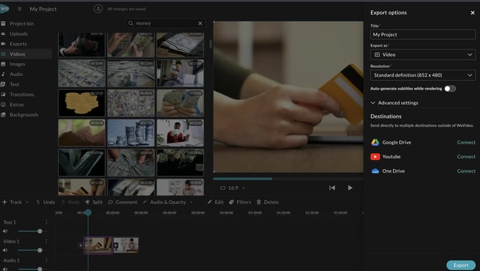 Export options in WeVideo editor showing how to title and download video projects