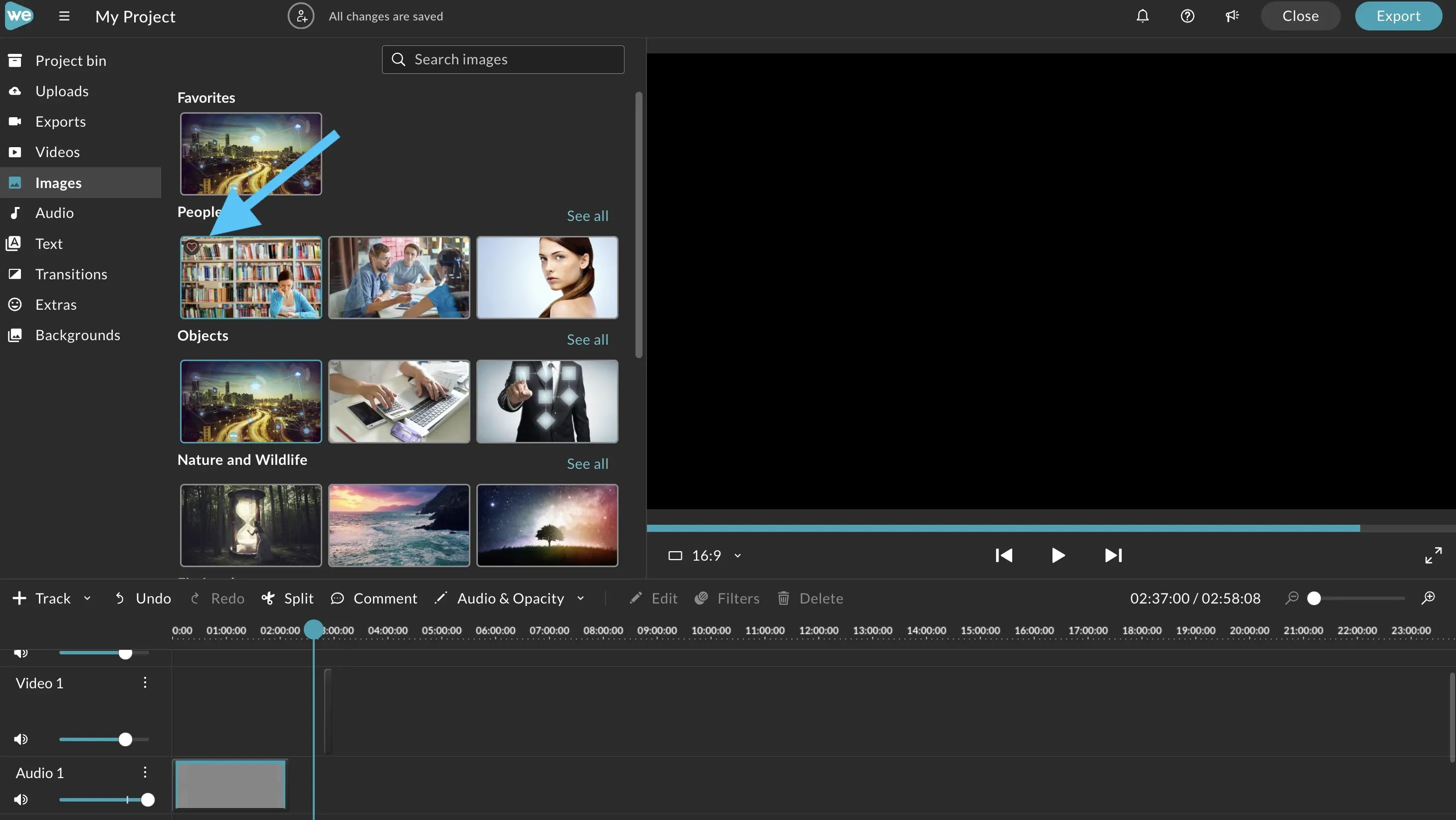 Click the heart next to images and videos in WeVideo's stock footage library to favorite them