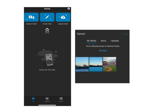 How to create a video and combine videos using WeVideo's mobile app with screenshots showing how to locate or upload footage